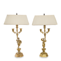 Antique French Empire Gilt and Patinated Bronze Candelabra Table Lamps, Pair of
