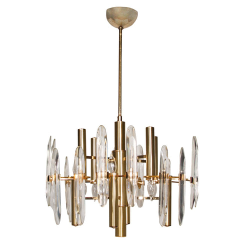 Vintage Gaetano Sciolari Brass & Crystal Glass Chandelier, C1970s