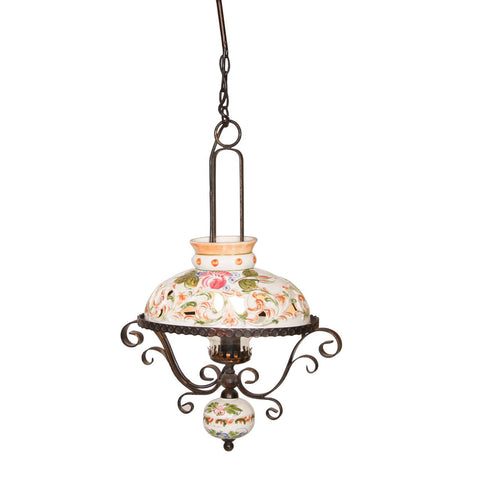 Vintage Italian Wrought Iron & Ceramic Pottery Pendant Light