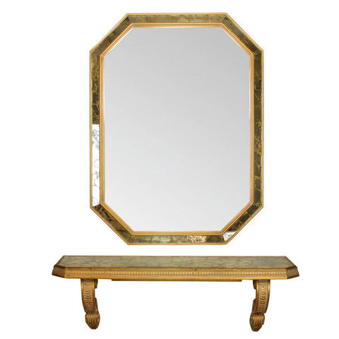 Vintage Mid-Century French Giltwood, Antiqued Beveled Glass Octagonal Overlay Wall Mirror and Hanging Console