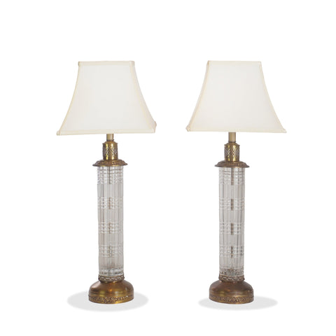 Vintage Fine Crystal and Brass Table Lamps, Pair of